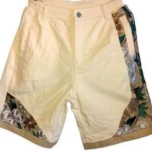 AYWTER Shorts Size 26 Waist Elastic Cream Canvas Teal Embroidered Floral Hippie